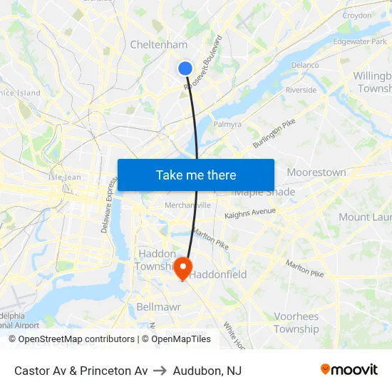 Castor Av & Princeton Av to Audubon, NJ map