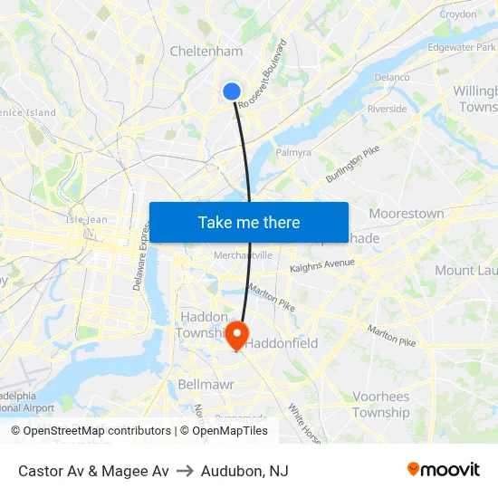 Castor Av & Magee Av to Audubon, NJ map