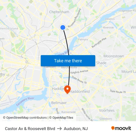 Castor Av & Roosevelt Blvd to Audubon, NJ map