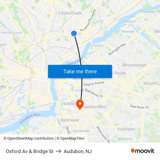Oxford Av & Bridge St to Audubon, NJ map