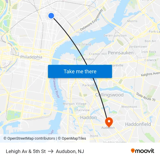 Lehigh Av & 5th St to Audubon, NJ map