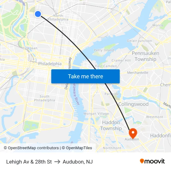 Lehigh Av & 28th St to Audubon, NJ map