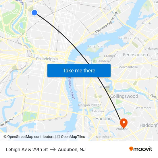 Lehigh Av & 29th St to Audubon, NJ map