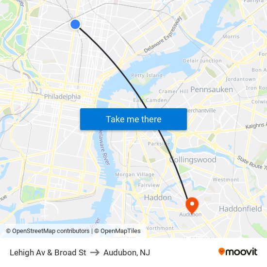 Lehigh Av & Broad St to Audubon, NJ map