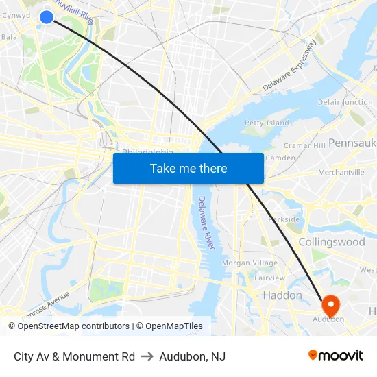 City Av & Monument Rd to Audubon, NJ map