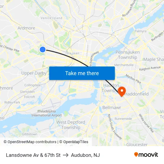 Lansdowne Av & 67th St to Audubon, NJ map