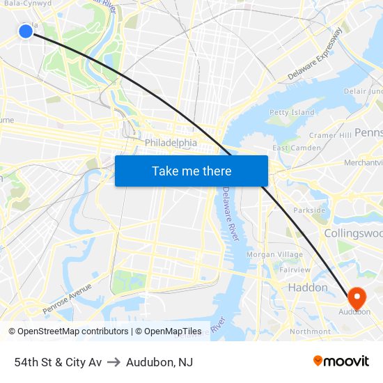 54th St & City Av to Audubon, NJ map
