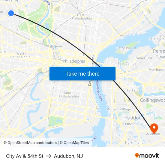 City Av & 54th St to Audubon, NJ map