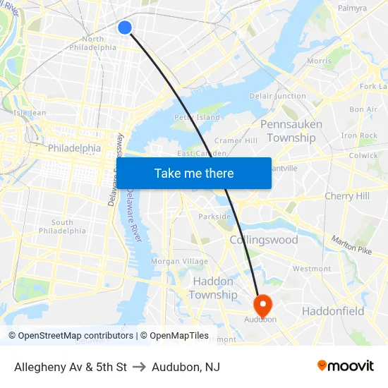 Allegheny Av & 5th St to Audubon, NJ map