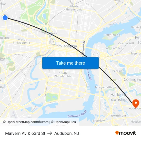 Malvern Av & 63rd St to Audubon, NJ map
