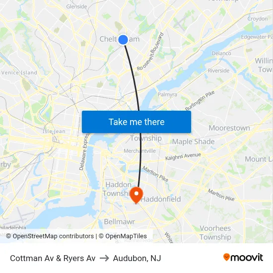 Cottman Av & Ryers Av to Audubon, NJ map