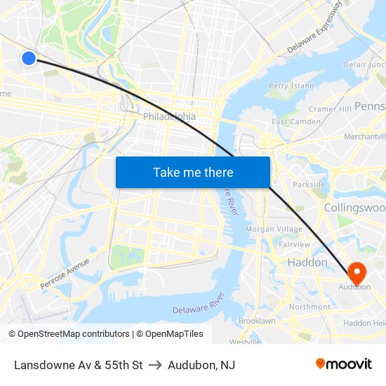 Lansdowne Av & 55th St to Audubon, NJ map