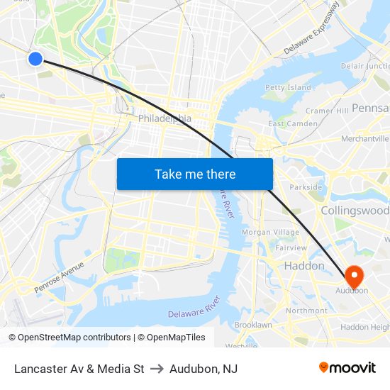 Lancaster Av & Media St to Audubon, NJ map