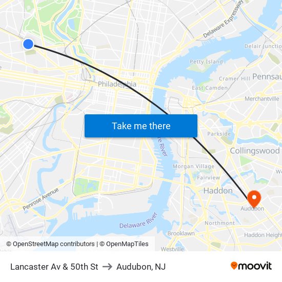 Lancaster Av & 50th St to Audubon, NJ map