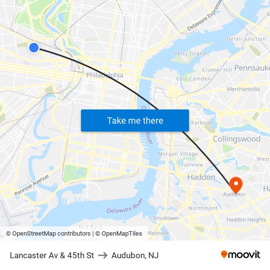 Lancaster Av & 45th St to Audubon, NJ map