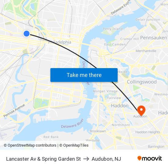 Lancaster Av & Spring Garden St to Audubon, NJ map