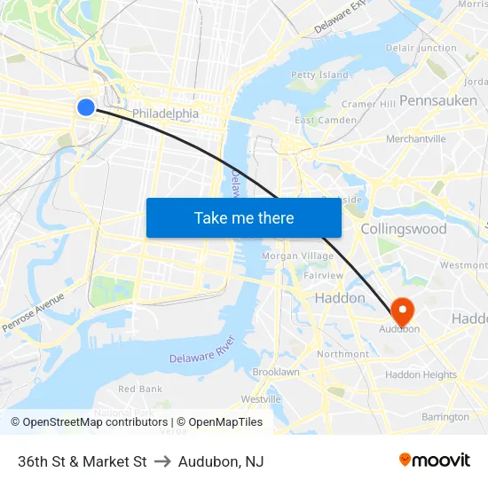 36th St & Market St to Audubon, NJ map