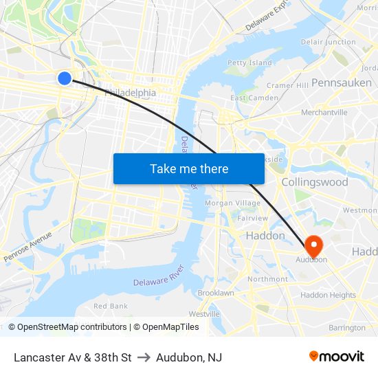 Lancaster Av & 38th St to Audubon, NJ map