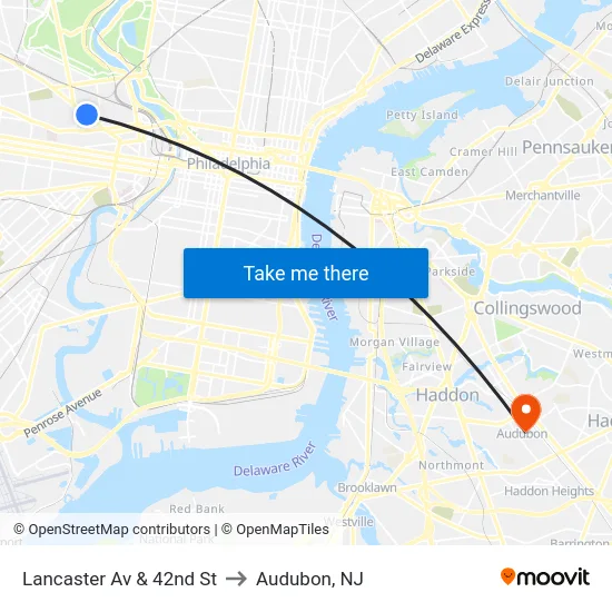 Lancaster Av & 42nd St to Audubon, NJ map