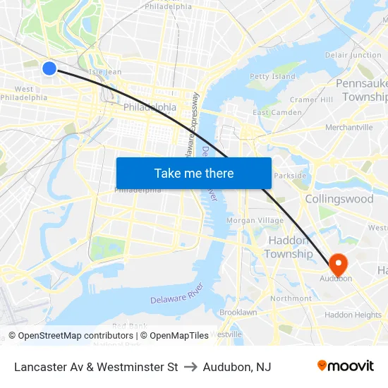 Lancaster Av & Westminster St to Audubon, NJ map