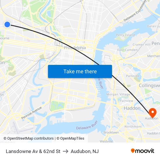 Lansdowne Av & 62nd St to Audubon, NJ map