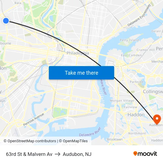63rd St & Malvern Av to Audubon, NJ map