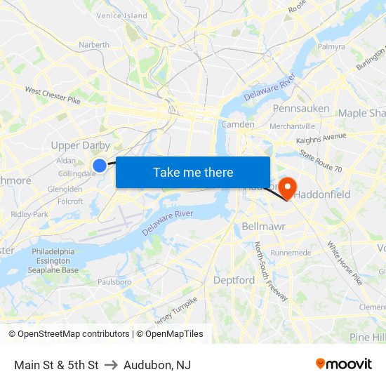 Main St & 5th St to Audubon, NJ map