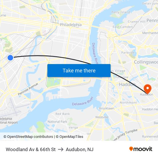 Woodland Av & 66th St to Audubon, NJ map