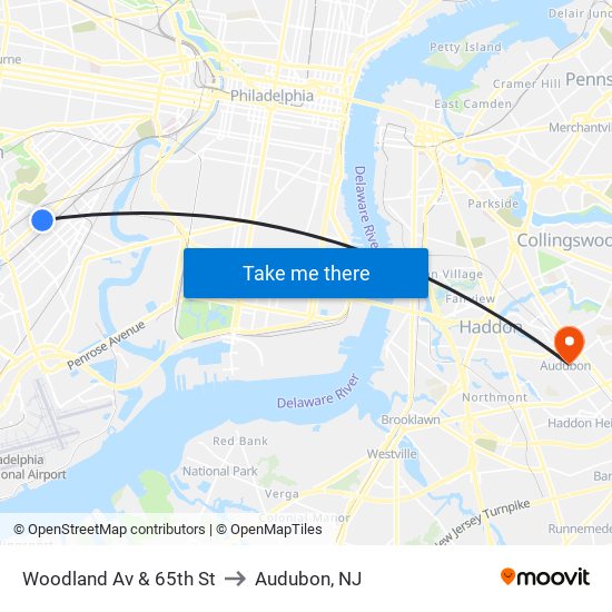 Woodland Av & 65th St to Audubon, NJ map