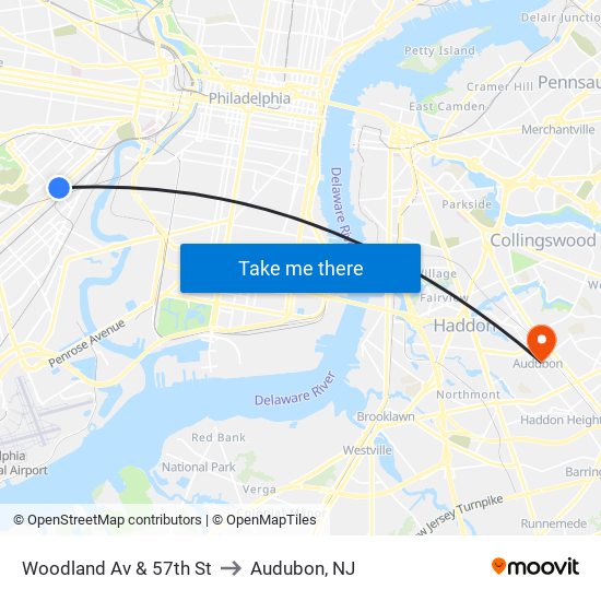 Woodland Av & 57th St to Audubon, NJ map