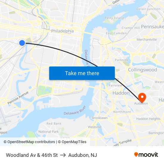 Woodland Av & 46th St to Audubon, NJ map