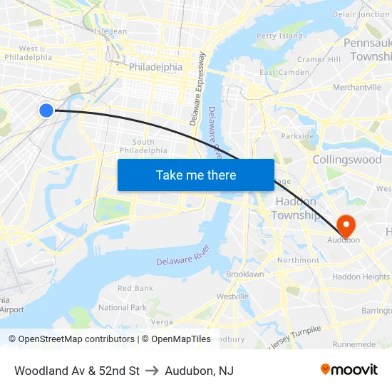 Woodland Av & 52nd St to Audubon, NJ map