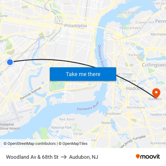 Woodland Av & 68th St to Audubon, NJ map