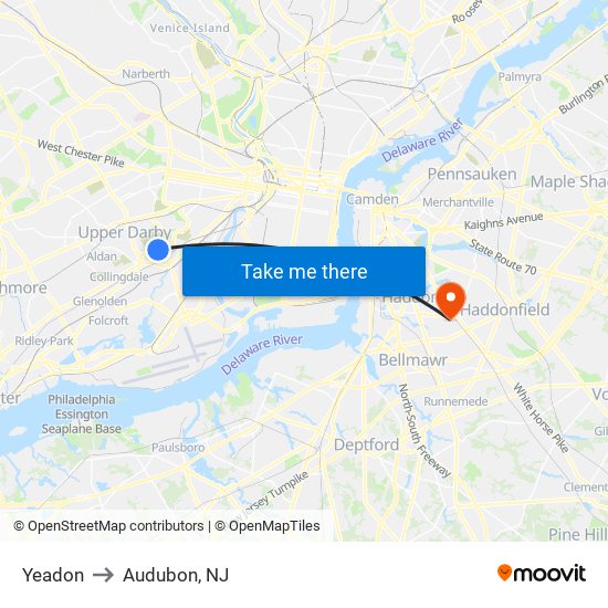 Yeadon to Audubon, NJ map