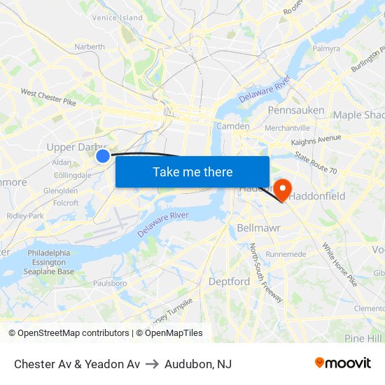 Chester Av & Yeadon Av to Audubon, NJ map
