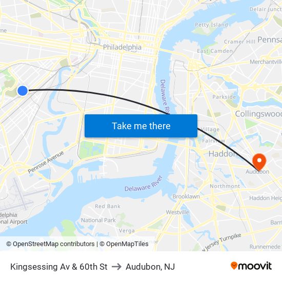 Kingsessing Av & 60th St to Audubon, NJ map