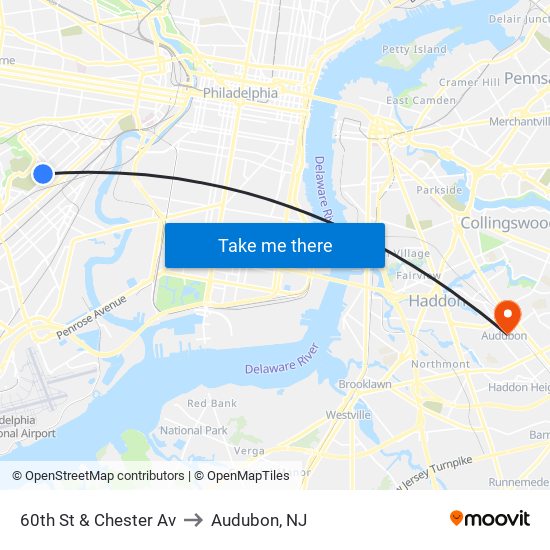 60th St & Chester Av to Audubon, NJ map