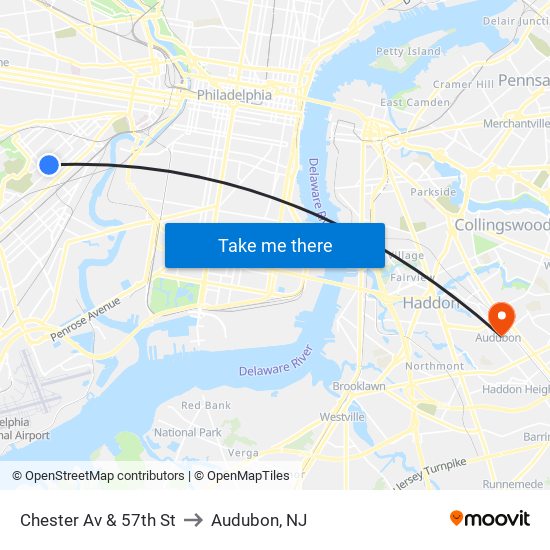 Chester Av & 57th St to Audubon, NJ map