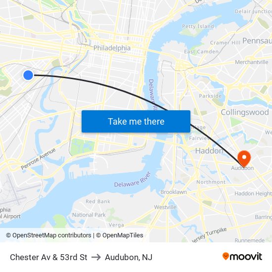 Chester Av & 53rd St to Audubon, NJ map