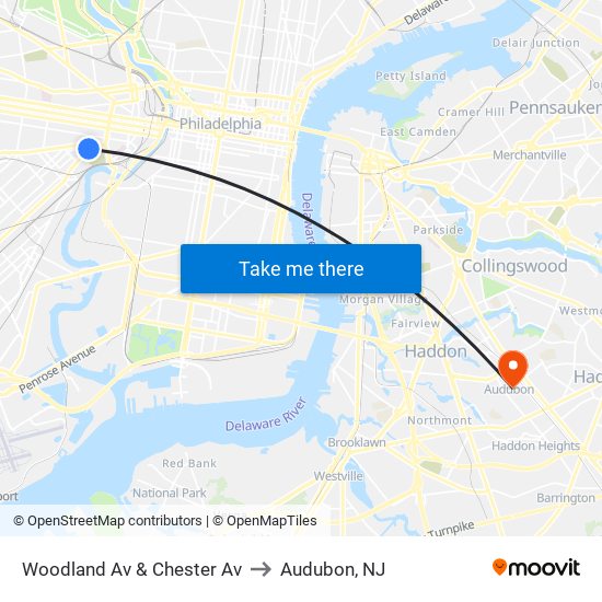 Woodland Av & Chester Av to Audubon, NJ map