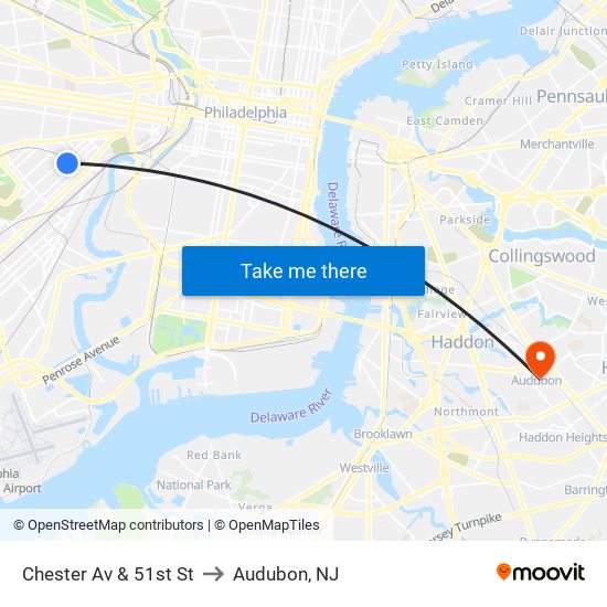 Chester Av & 51st St to Audubon, NJ map