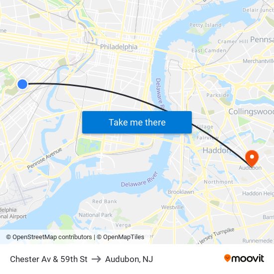 Chester Av & 59th St to Audubon, NJ map