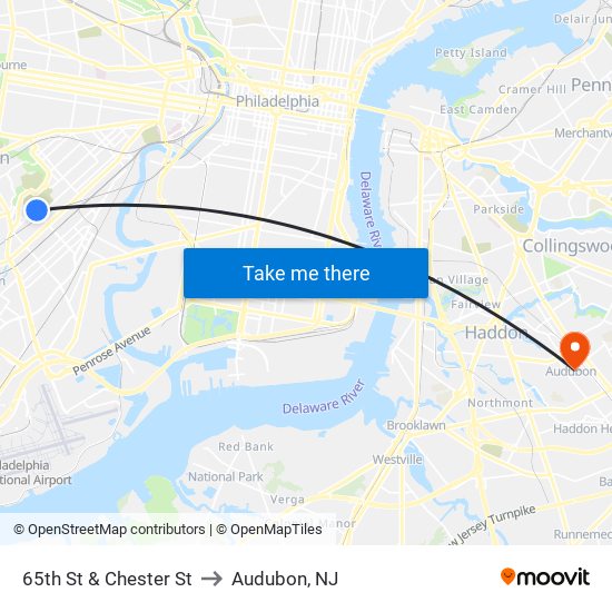 65th St & Chester St to Audubon, NJ map