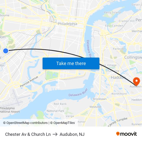Chester Av & Church Ln to Audubon, NJ map