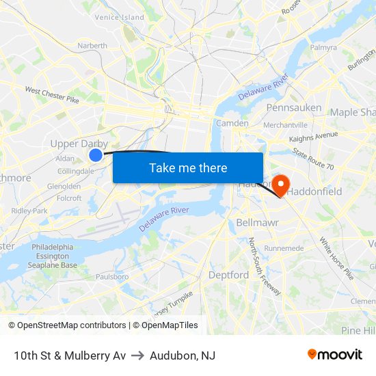 10th St & Mulberry Av to Audubon, NJ map