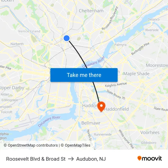 Roosevelt Blvd & Broad St to Audubon, NJ map