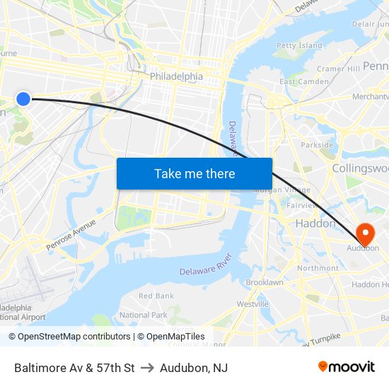Baltimore Av & 57th St to Audubon, NJ map