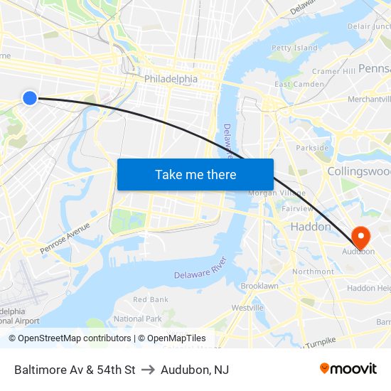 Baltimore Av & 54th St to Audubon, NJ map