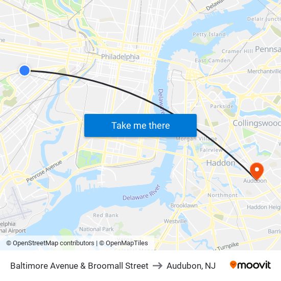 Baltimore Avenue & Broomall Street to Audubon, NJ map