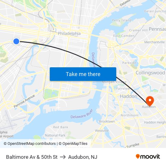 Baltimore Av & 50th St to Audubon, NJ map